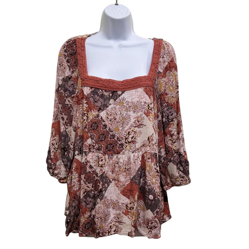 Maurices Patchwork Floral Babydoll Blouse Crochet Trim Size XXL